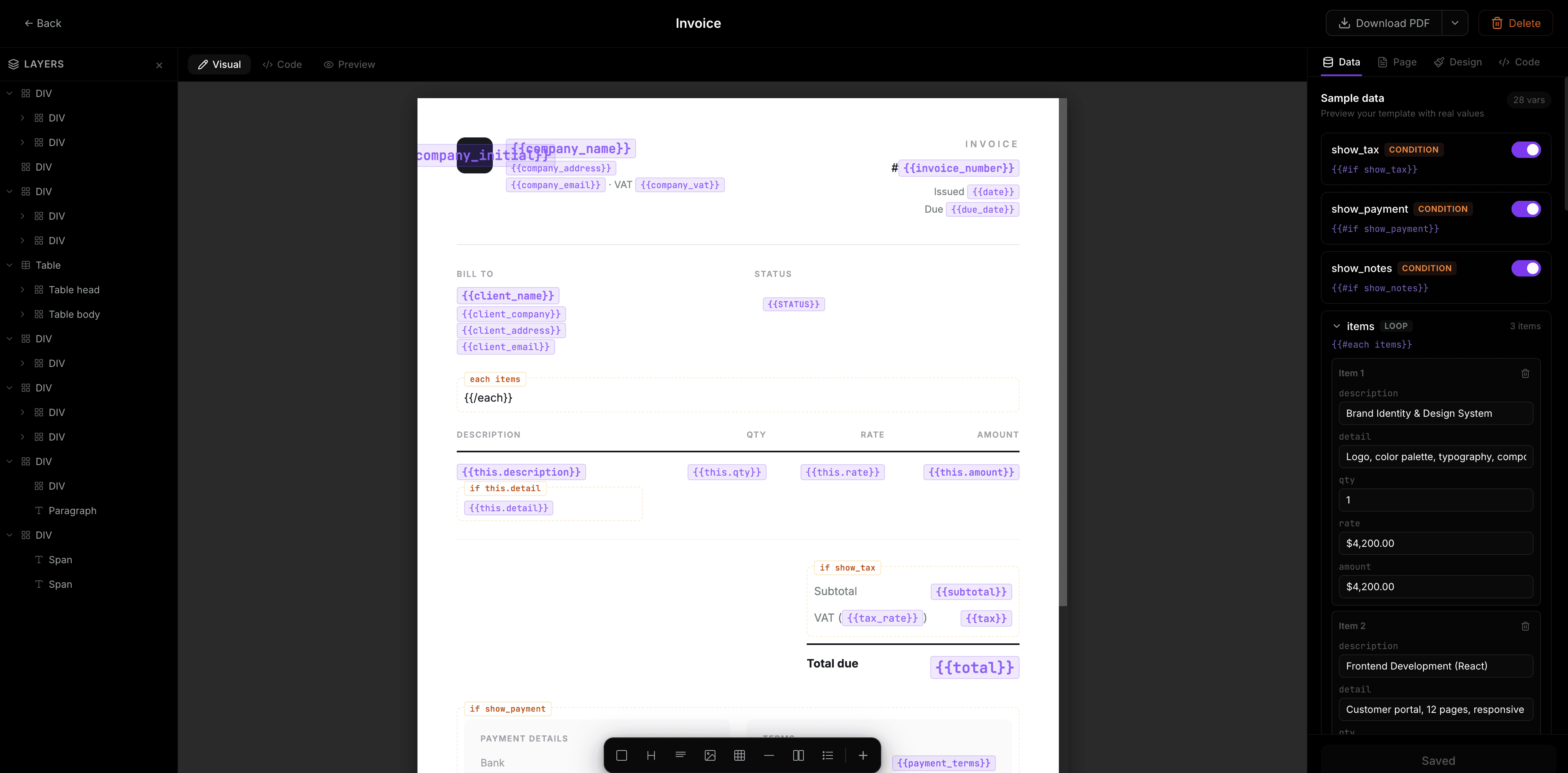 PDF4.dev visual editor showing an invoice template with layers panel, canvas, and sample data