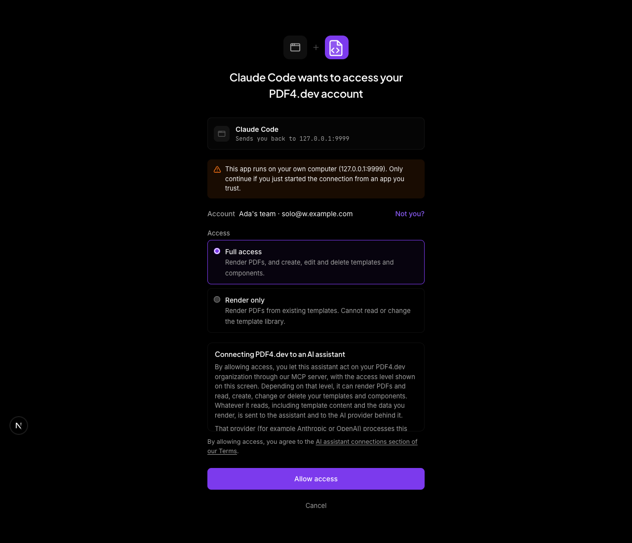 The PDF4.dev consent screen for Claude Code, with the loopback warning, the account, the two access levels and the Allow access button