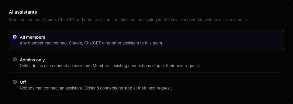 The AI assistants setting in PDF4.dev with the options All members, Admins only and Off